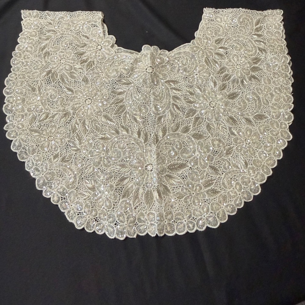 Vtg Sequin Floral Lace Capelet Collar Yoke Applique White Bridal Wedding Trim - Picture 1 of 6